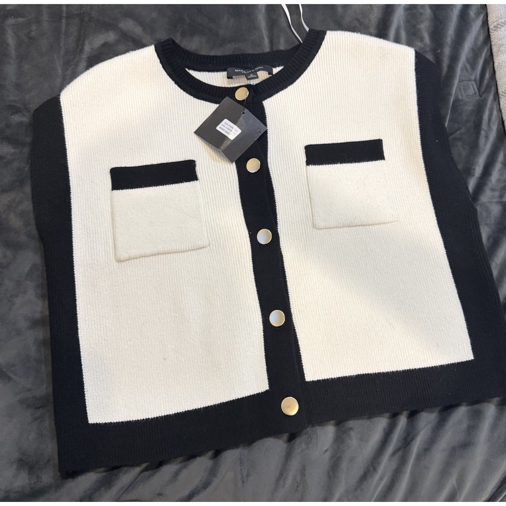 Marc New York Cardigan Vest Ivory Black Contrast Trim Gold Buttons NWT Size M